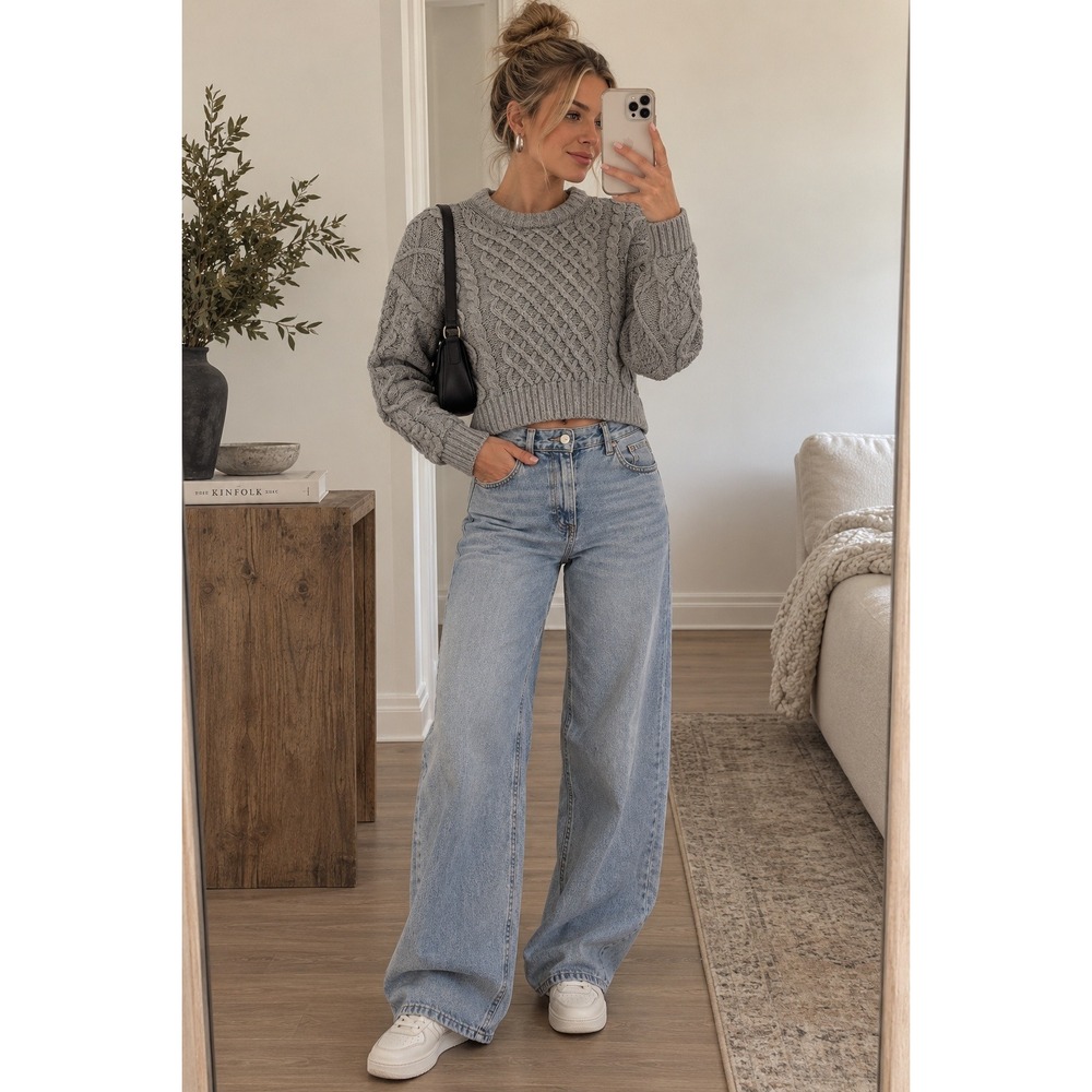 Pink Rose Gray Cable Knit Cropped Sweater Crewneck Fisherman Pullover Medium